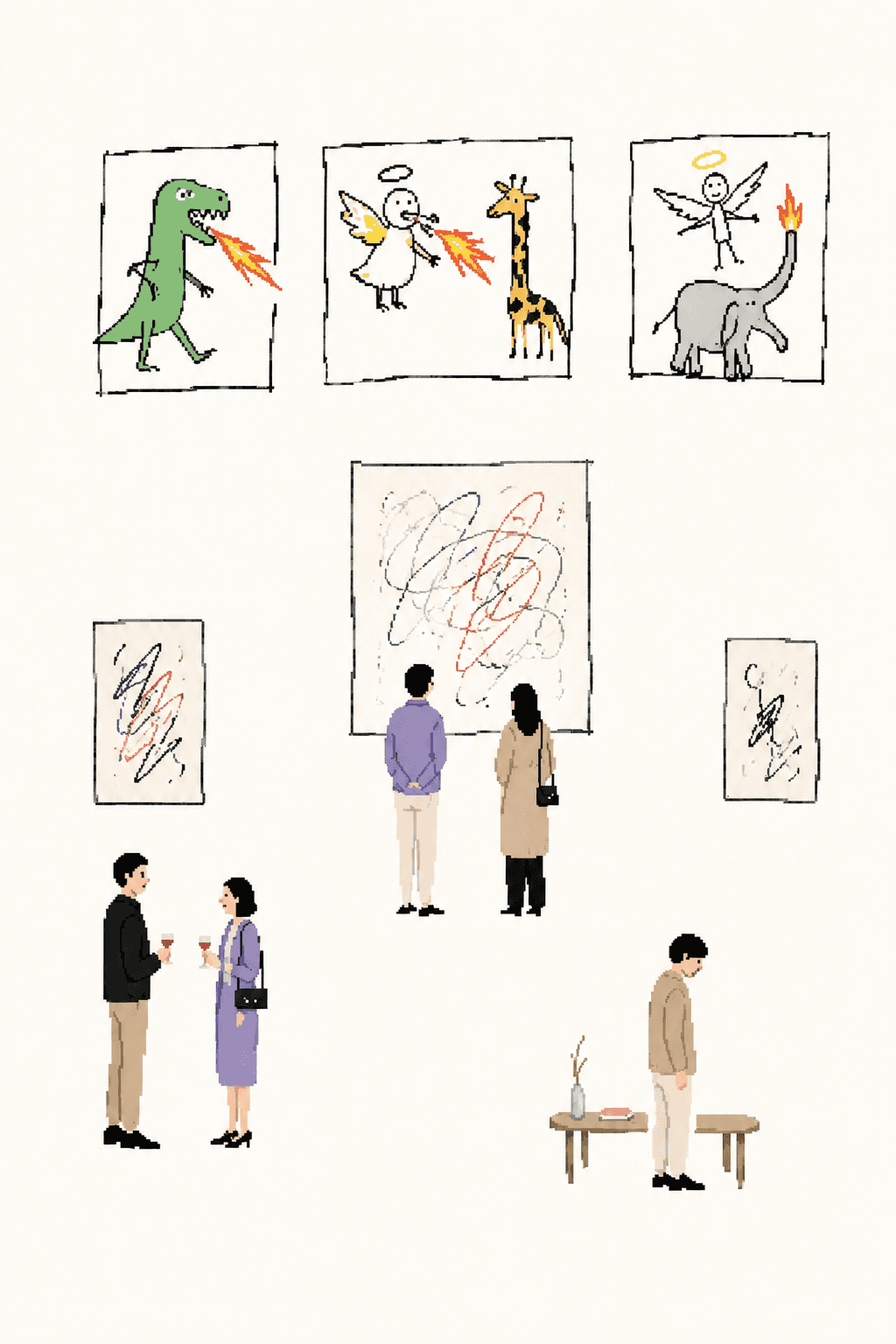 Illustration of a gallery opening where children's drawings hang as the exhibited art