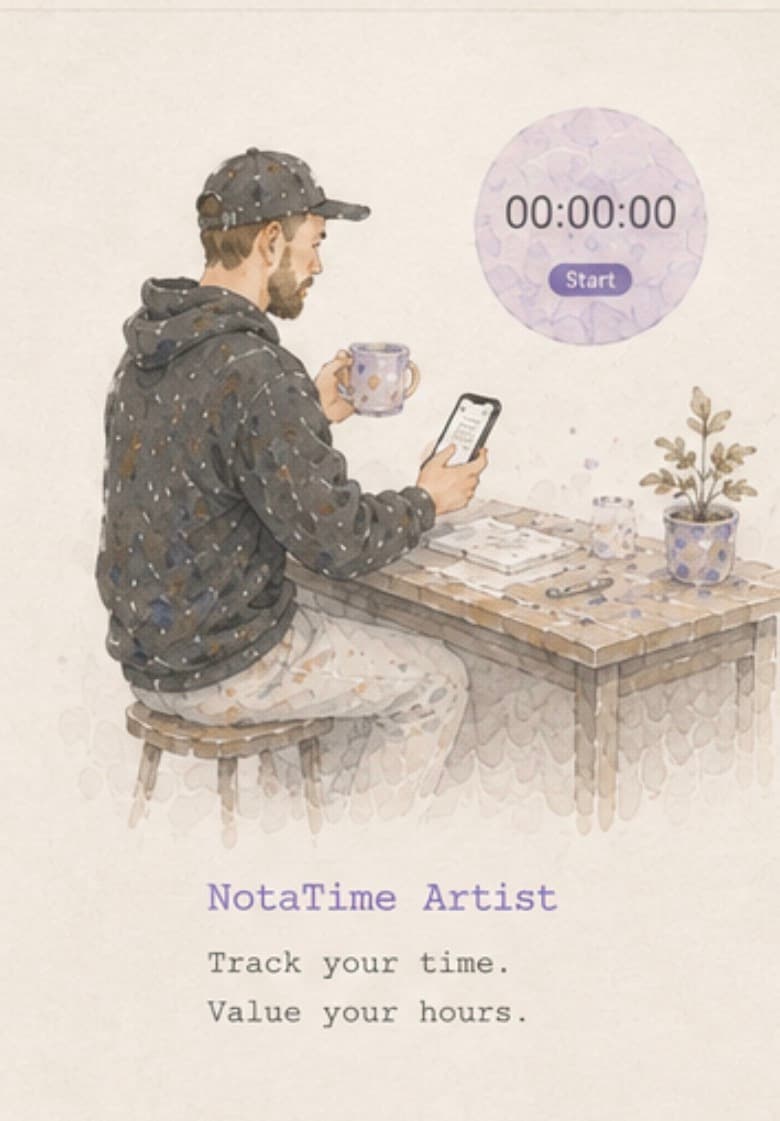 Watercolor scene — a painter at the studio table starting a timer