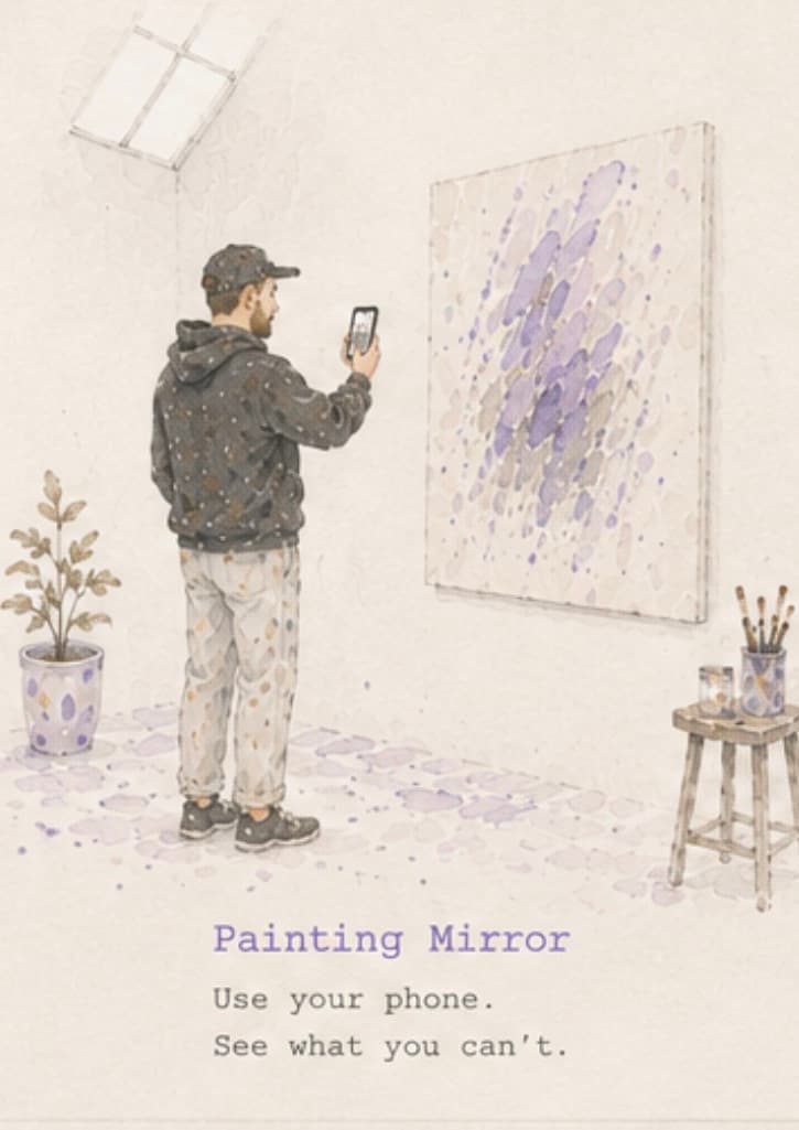 Watercolor scene — a painter checking a canvas with his phone