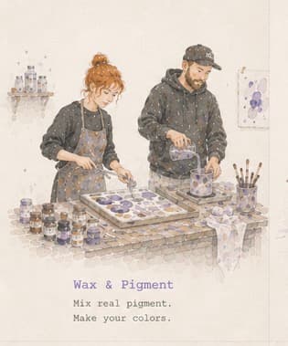 Watercolor scene — two painters mixing real pigment in the studio